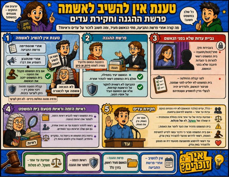 אינפוגרפיקה משפטית בעברית על שלבי משפט פלילי: טענת אין להשיب לאשמה, פרשת הגנה, גביית עדות, ראיות הזמה וחקירת עדות.