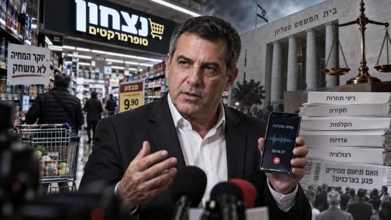 איש עם טלפון מאחורי סופרמרקט