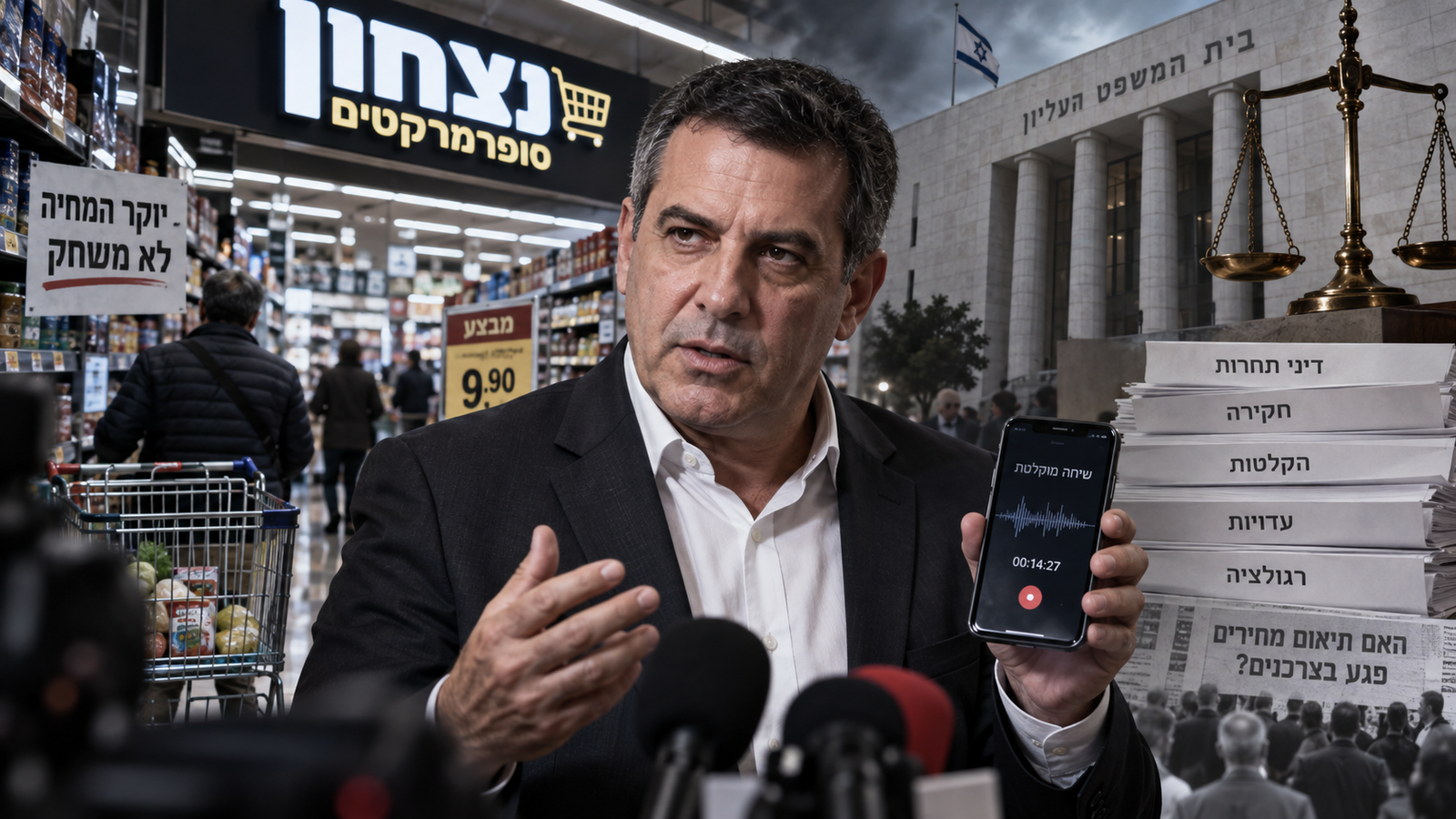 איש עם טלפון מאחורי סופרמרקט