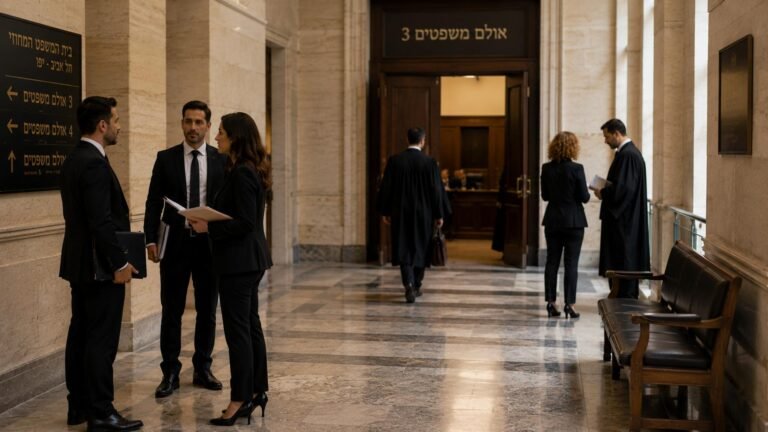 עורכי דין בחליפות עומדים במסדרון בית משפט מול אולם משפטים 3.