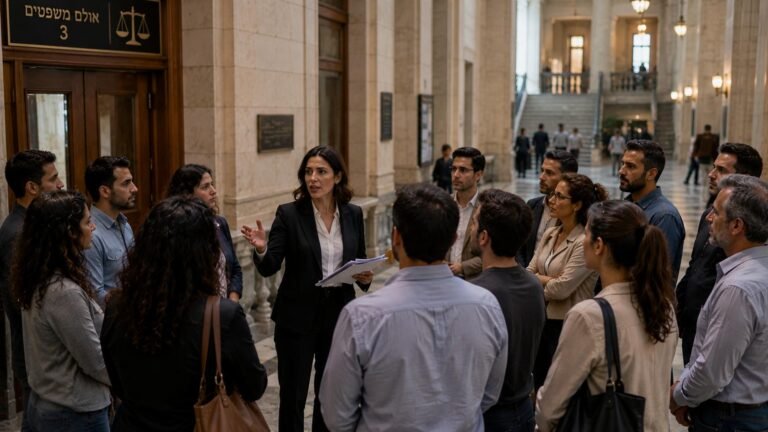 עורכת דין מדברת אל קבוצת אנשים במסדרון בית משפט מחוץ לאולם מספר 3