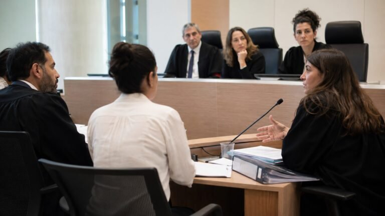 דיון משפטי באולם בית משפט, שופטים יושבים על דוכן ועורכי דין מולם.
