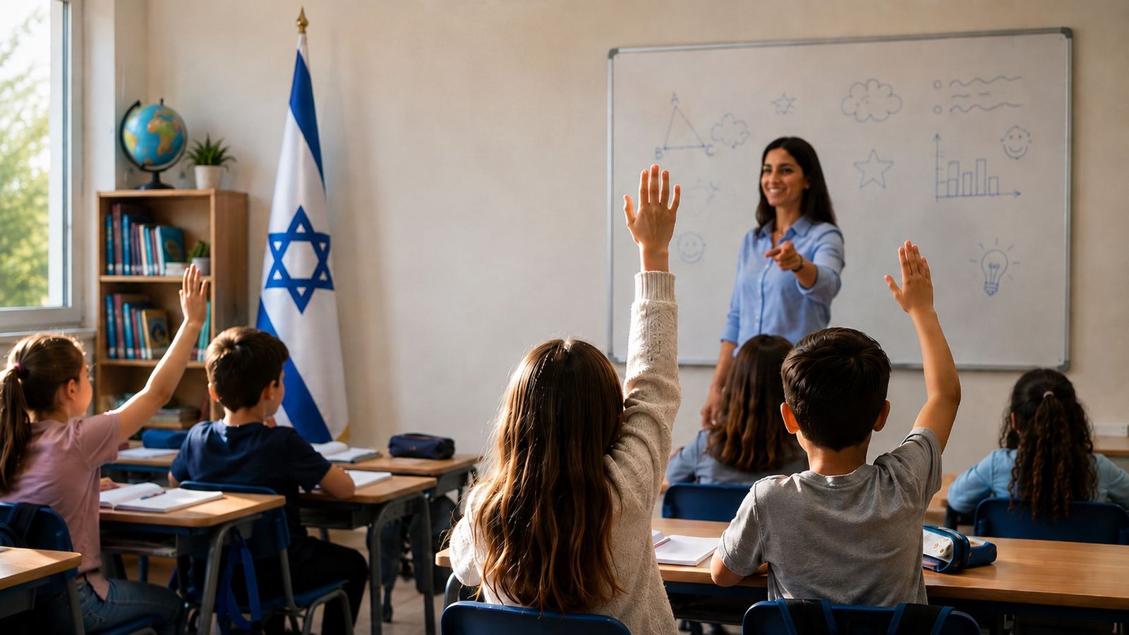 מורה עומדת מול כיתת תלמידים שמרמים ידיים, וברקע דגל ישראל ותלוי לוח כתיבה.