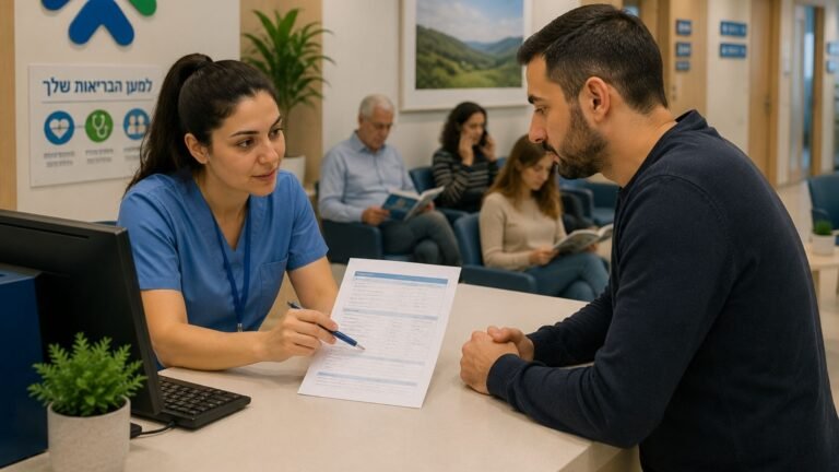 מטפלת במדים כחולים מסבירה למטופל דוח רפואי בדלפק קבלה במרפאה, ברקע אנשים ממתינים.