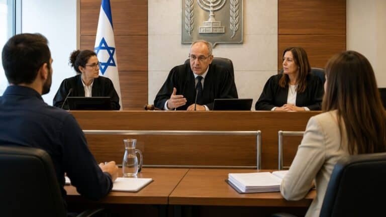 שופטים יושבים באולם בית משפט ומקשיבים לטיעונים, ברקע דגל ישראל וסמל המדינה.