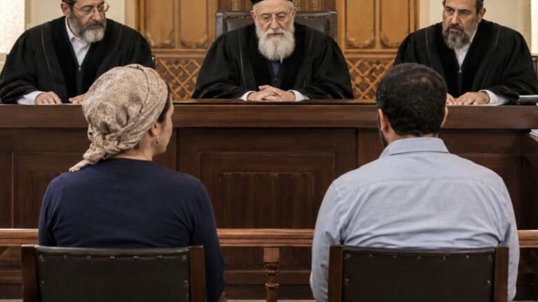 דין תורה בבית דין רבני: שלושה דיינים יושבים ליד שולחן שיפוט, ומולם זוג עומד או יושב עם גב למצלמה.