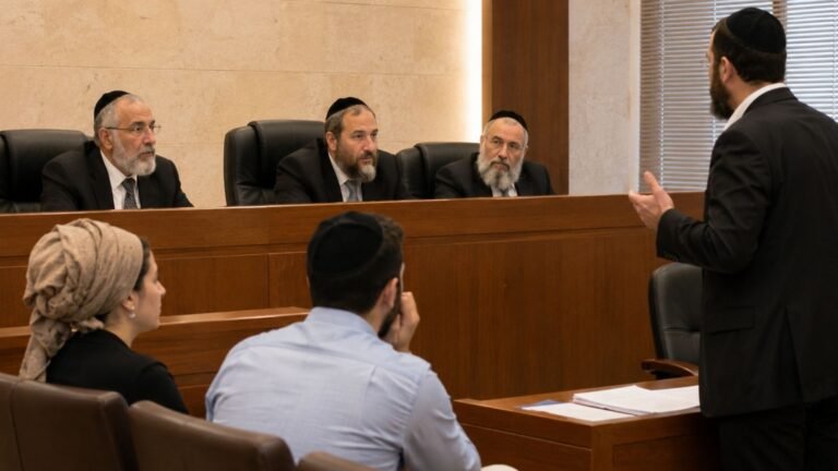 דיון משפטי בבית דין רבני בהשתתפות דיינים היושבים סביב שולחן ועורכי דין הטוענים בפניהם.