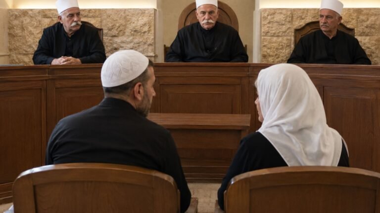 זוג יושב מול שלושה שופטים דרוזים בחלל בית דין דתי.