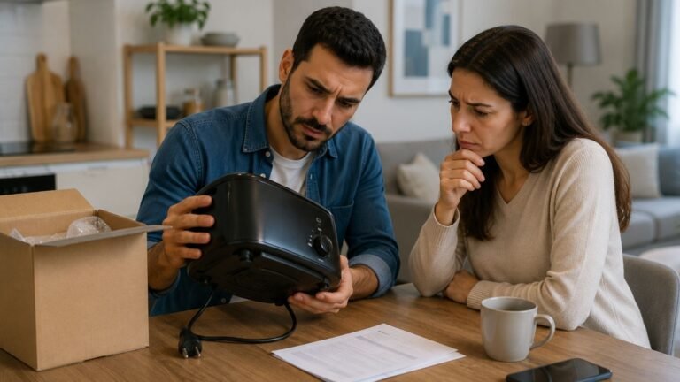 גבר ואישה מודאגים יושבים ליד שולחן, בוחנים טוסטר שחור שהוצא מקופסת קרטון פתוחה לצד מסמך וספל קפה.