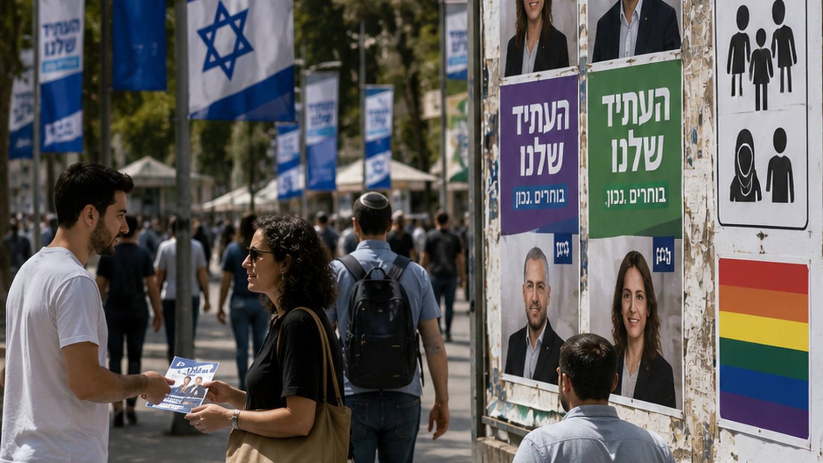 אנשים ברחוב בישראל ליד שלטי בחירות עם כיתוב בעברית העתיד שלנו ודגל ישראל.