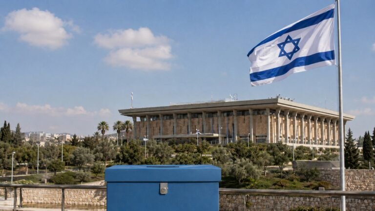 דגל ישראל מונף ברקע בניין הכנסת בירושלים, וקדמית לו קלפי בחירות כחולה.