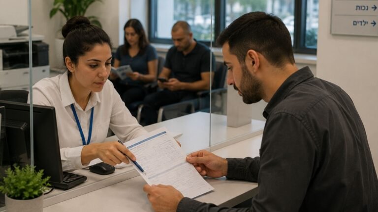 נציגת שירות בדלפק מסבירה על טופס לגבר היושב מולה, וברקע לקוחות ממתינים.