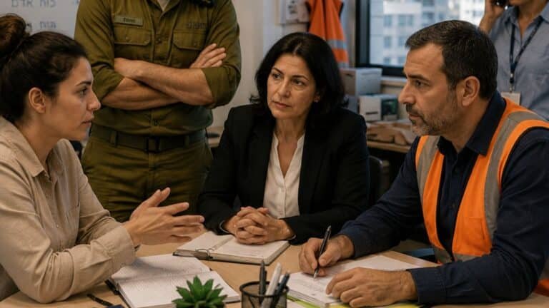 ארבעה אנשים בישיבת עבודה סביב שולחן, הכוללת קצין במדים, אישה בחליפה עסקית וגבר באפוד זוהר.