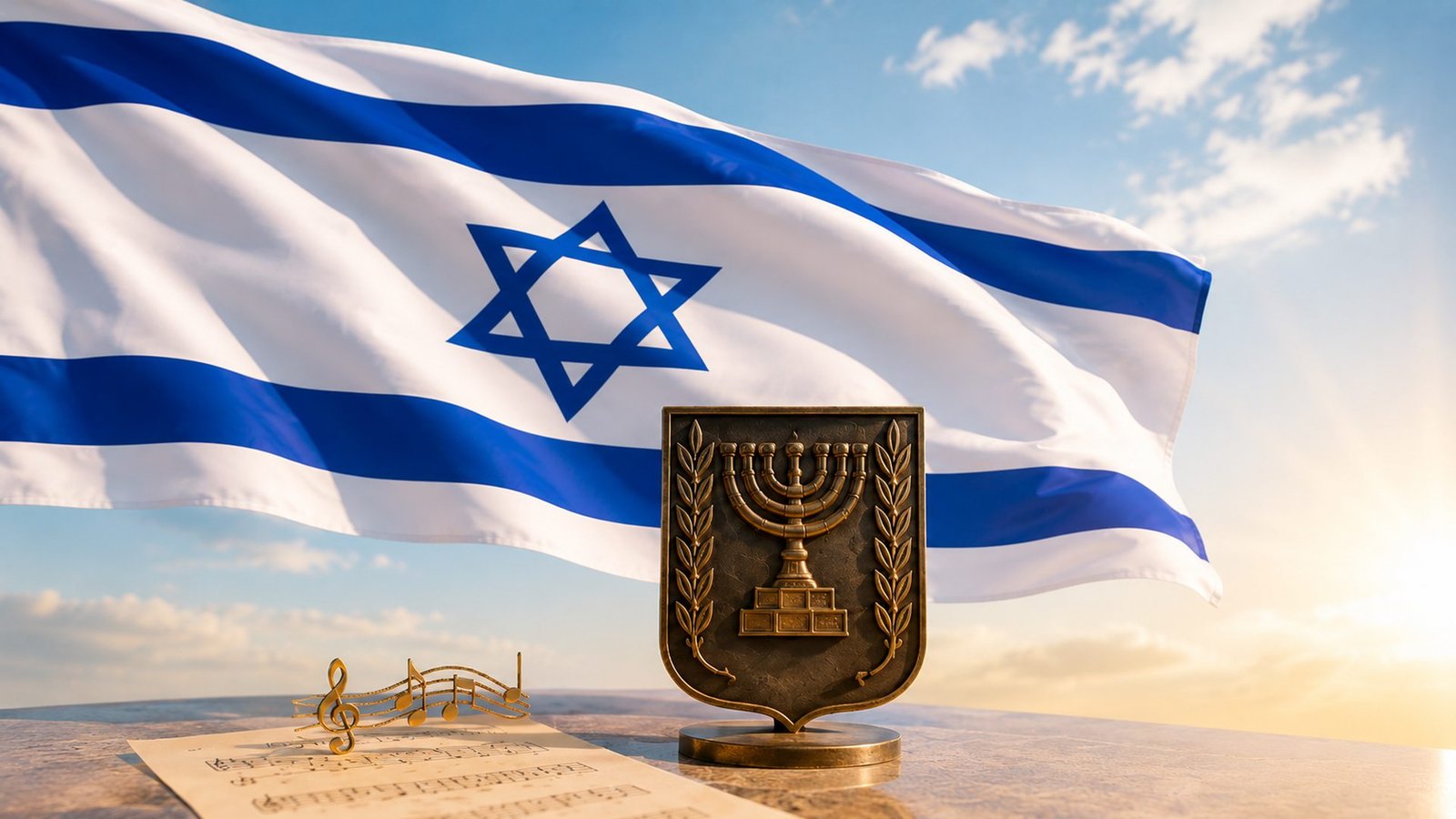דגל ישראל מתנוסס ברקע, ובחזיתו סמל מדינת ישראל ותווים מוזיקליים על רקע שמיים.