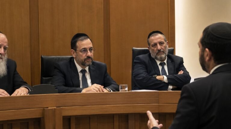 שלושה גברים חובשי כיפה בלבוש פורמלי יושבים ליד שולחן דיונים, ומולו אדם נוסף שמדבר ומציג טיעון.