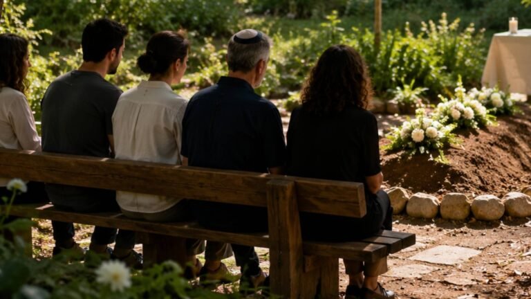 חמישה אנשים אבלים יושבים על ספסל עץ מול קבר פתוח ומעוטר בפרחים בבית קברות.