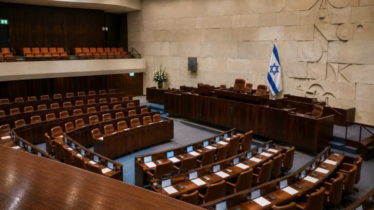 אולם מליאת הכנסת בירושלים ובו שולחנות חברי הכנסת, דוכן הנואמים ודגל ישראל.