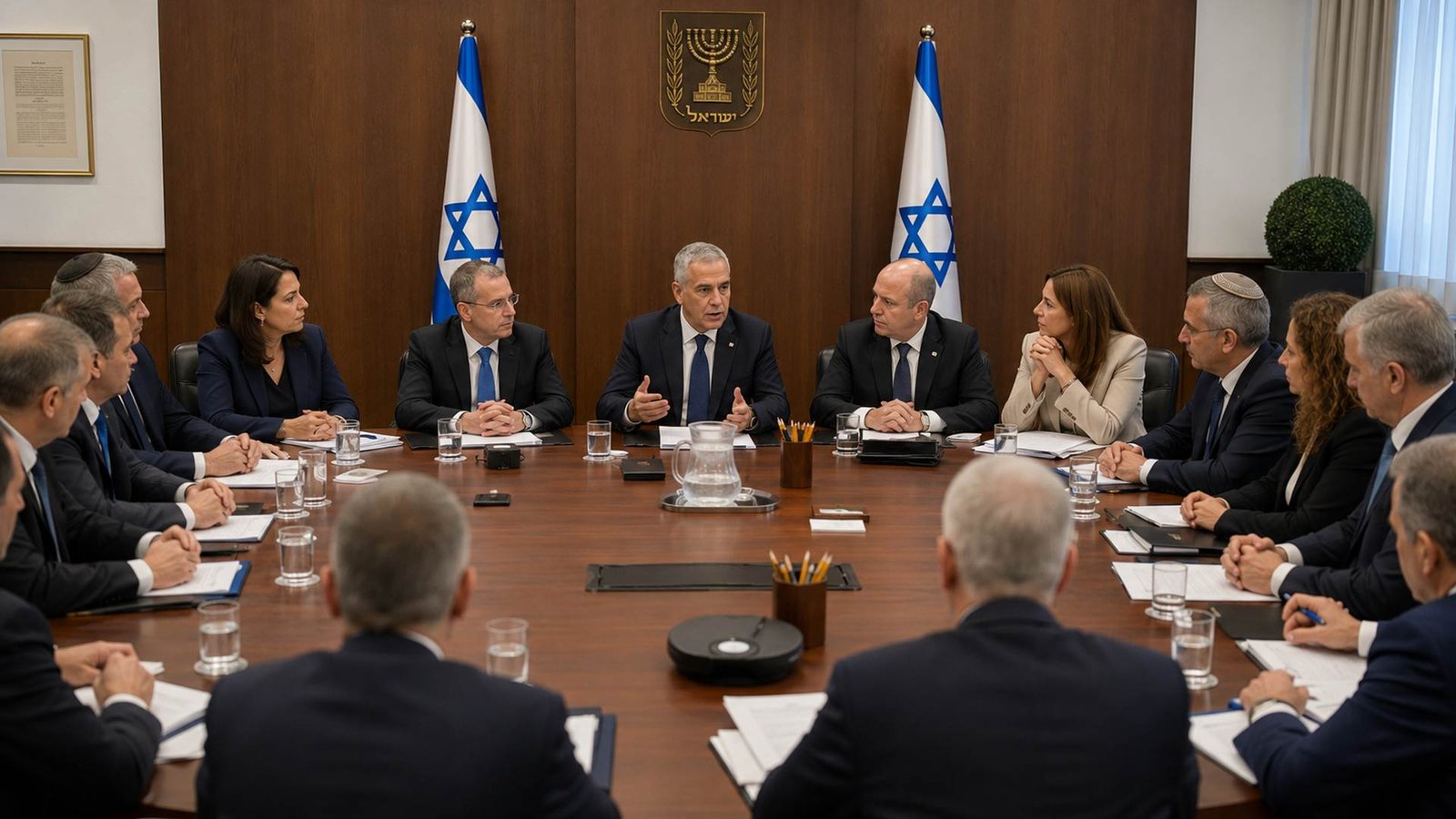 ישיבת ממשלה סביב שולחן עגול עם דגלי ישראל ברקע