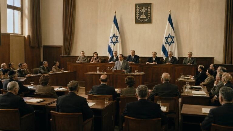 ישיבת ממשלה בישראל: דובר עומד בראש שולחן ונואם מול שרים ואורחים באולם, וברקע דגלי המדינה וסמלה.