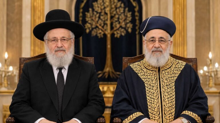 שני רבנים מובילים בחליפות ומגבעות יושבים זה לצד זה על רקע ארון קודש עם עיטור עץ דקל.