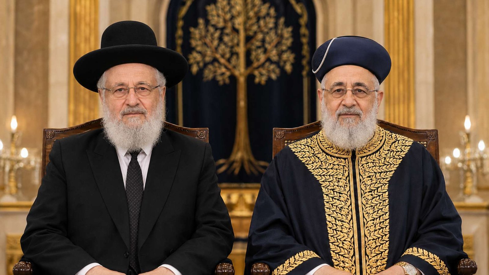 שני רבנים מובילים בחליפות ומגבעות יושבים זה לצד זה על רקע ארון קודש עם עיטור עץ דקל.