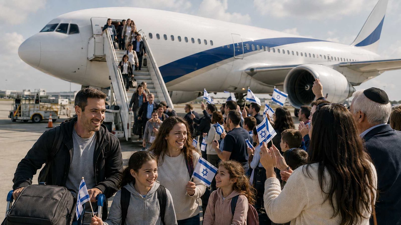נוסעים יורדים במדרגות ממטוס ומצטרפים לקבלת פנים עם דגלי ישראל בשדה התעופה