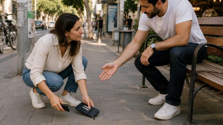 אישה כורעת ברחוב ומרימה ארנק מהרצפה לצד גבר היושב על ספסל ומושיט את ידו.