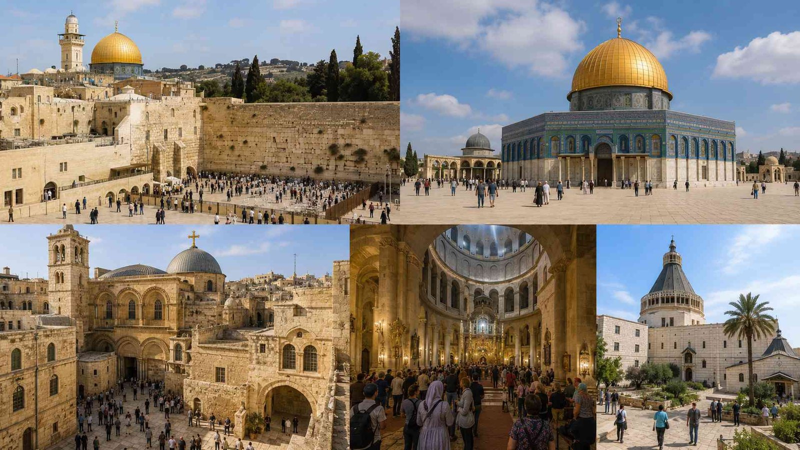 קולאז' המציג אתרים מרכזיים בירושלים ובנצרת: הכותל המערבי, כיפת הסלע, כנסיית הקבר וכנסיית הבשורה