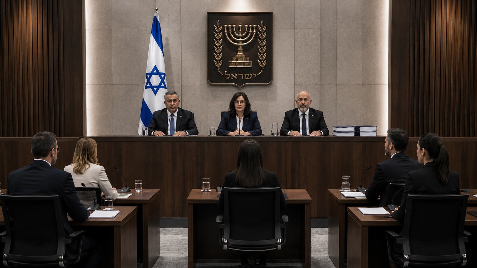 ועדת חקירה רשמית מול אזרחים באולם ישיבות, ברקע סמל מדינת ישראל ודגל ישראל.