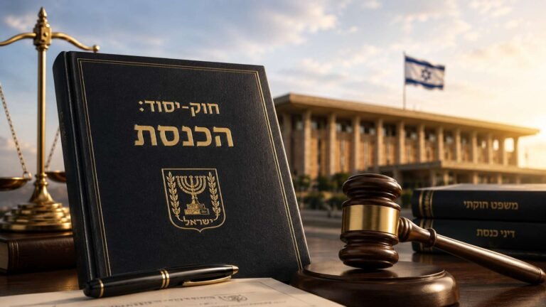 ספר חוקים עליו כתוב "חוק-יסוד: הכנסת", לצד פטיש שופטים, מאזניים והכנסת ברקע.