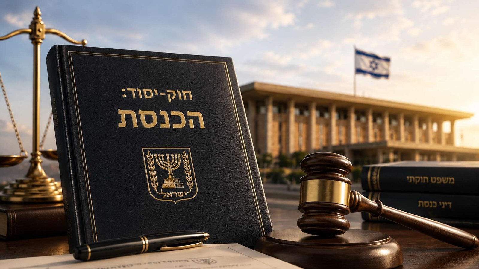 ספר חוקים עליו כתוב "חוק-יסוד: הכנסת", לצד פטיש שופטים, מאזניים והכנסת ברקע.