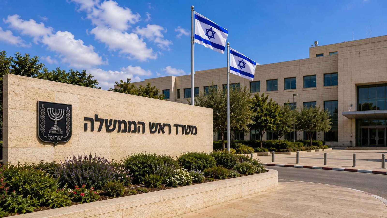 כניסת משרד ראש הממשלה בירושלים עם שלט ועליו הכיתוב משרד ראש הממשלה ושני דגלי ישראל מונפים.