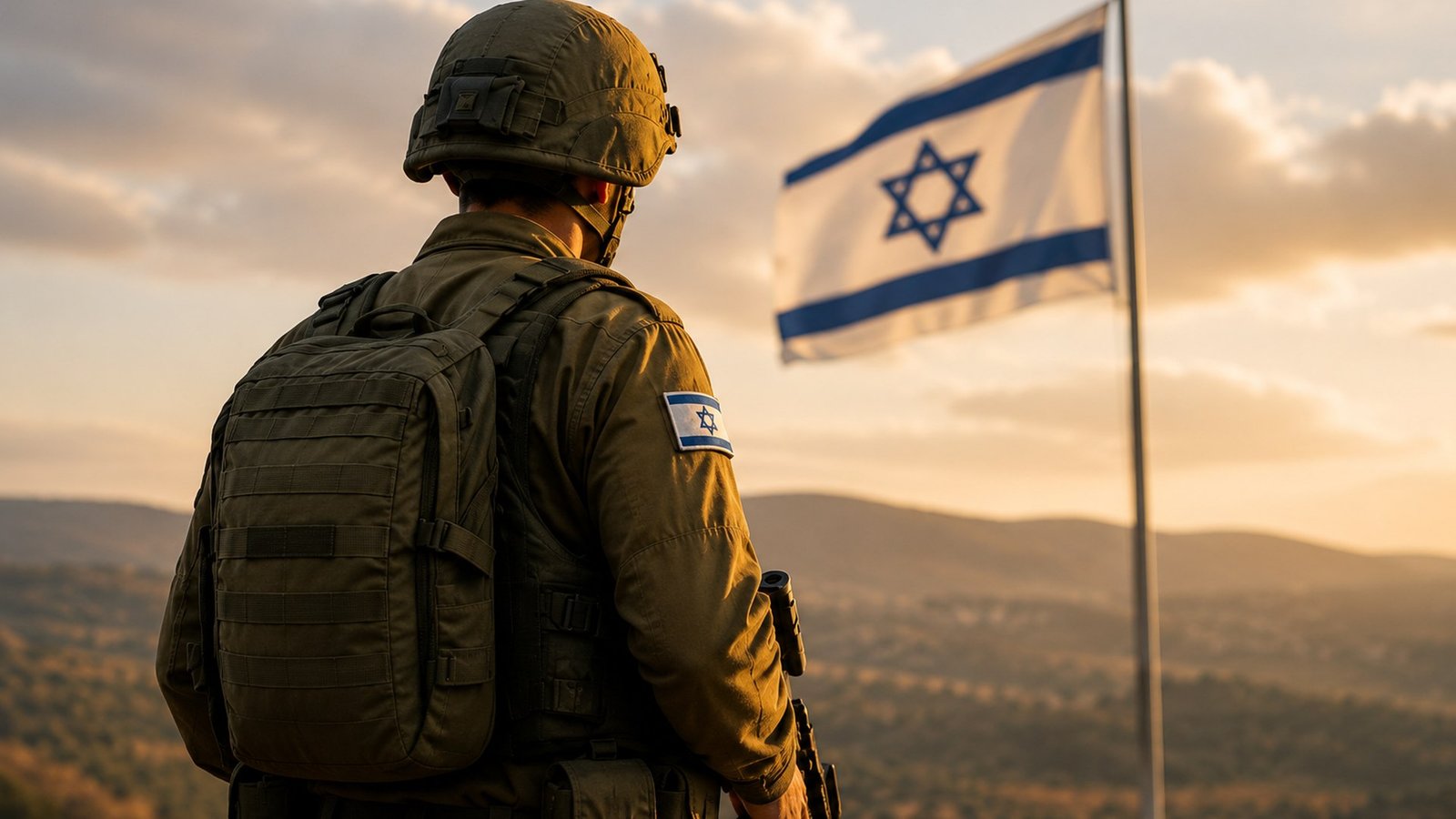 חייל צה"ל בגב אל הצופה נושא תרמיל וקסדה, עומד לצד דגל ישראל על רקע נוף הררי בשקיעה
