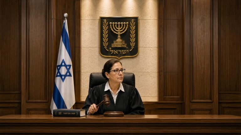שופטת יושבת באולם בית משפט על רקע דגל ישראל וסמל המדינה, ומחזיקה פטיש.