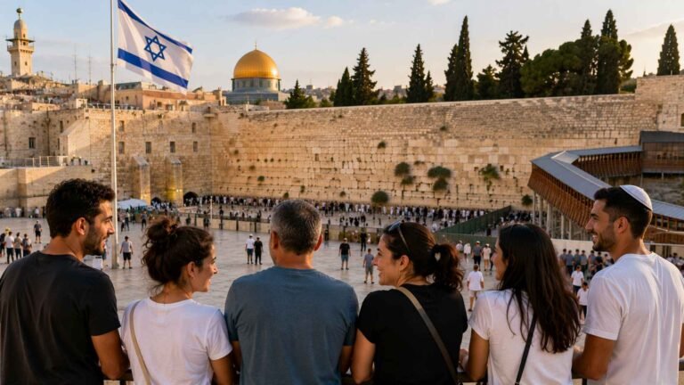קבוצת אנשים עומדת בגב למצלמה וצופה אל הכותל המערבי וכיפת הסלע בירושלים.