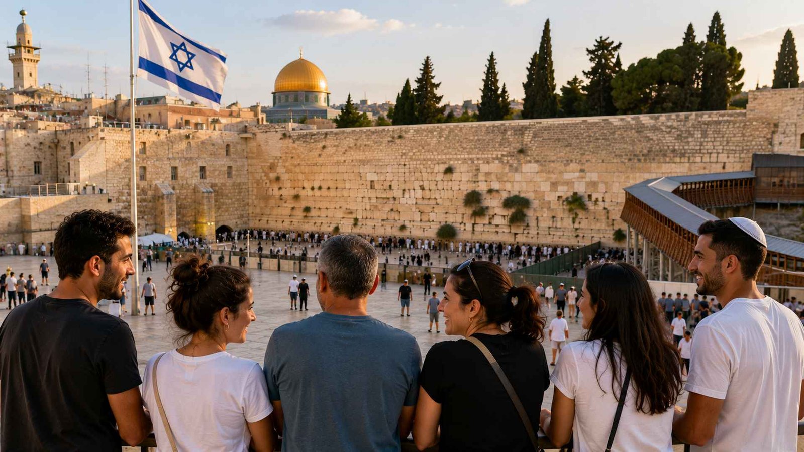 קבוצת אנשים עומדת בגב למצלמה וצופה אל הכותל המערבי וכיפת הסלע בירושלים.