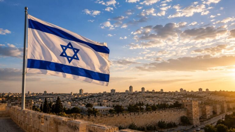 דגל ישראל מונף על רקע חומות העיר העתיקה בירושלים ושמי שקיעה מעוננים.
