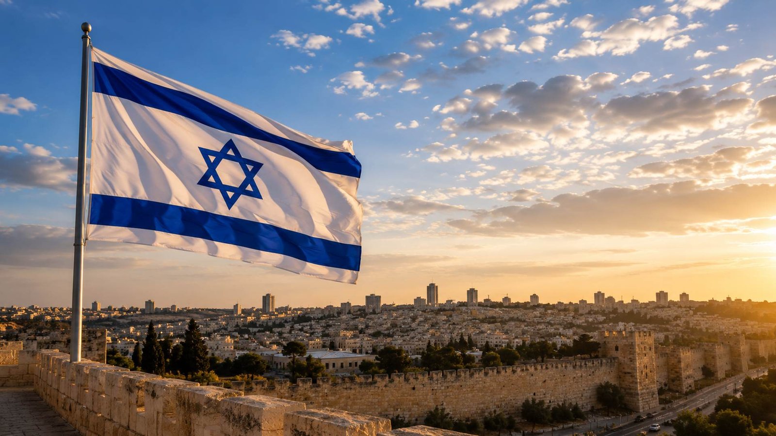 דגל ישראל מונף על רקע חומות העיר העתיקה בירושלים ושמי שקיעה מעוננים.