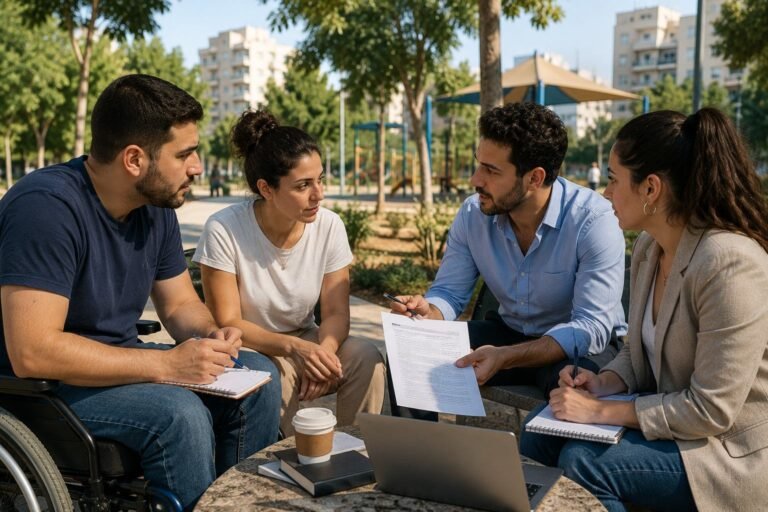 קבוצת אנשים יושבת סביב שולחן בחוץ, משוחחת ומעיינת במסמכים ליד מחשב נייד.