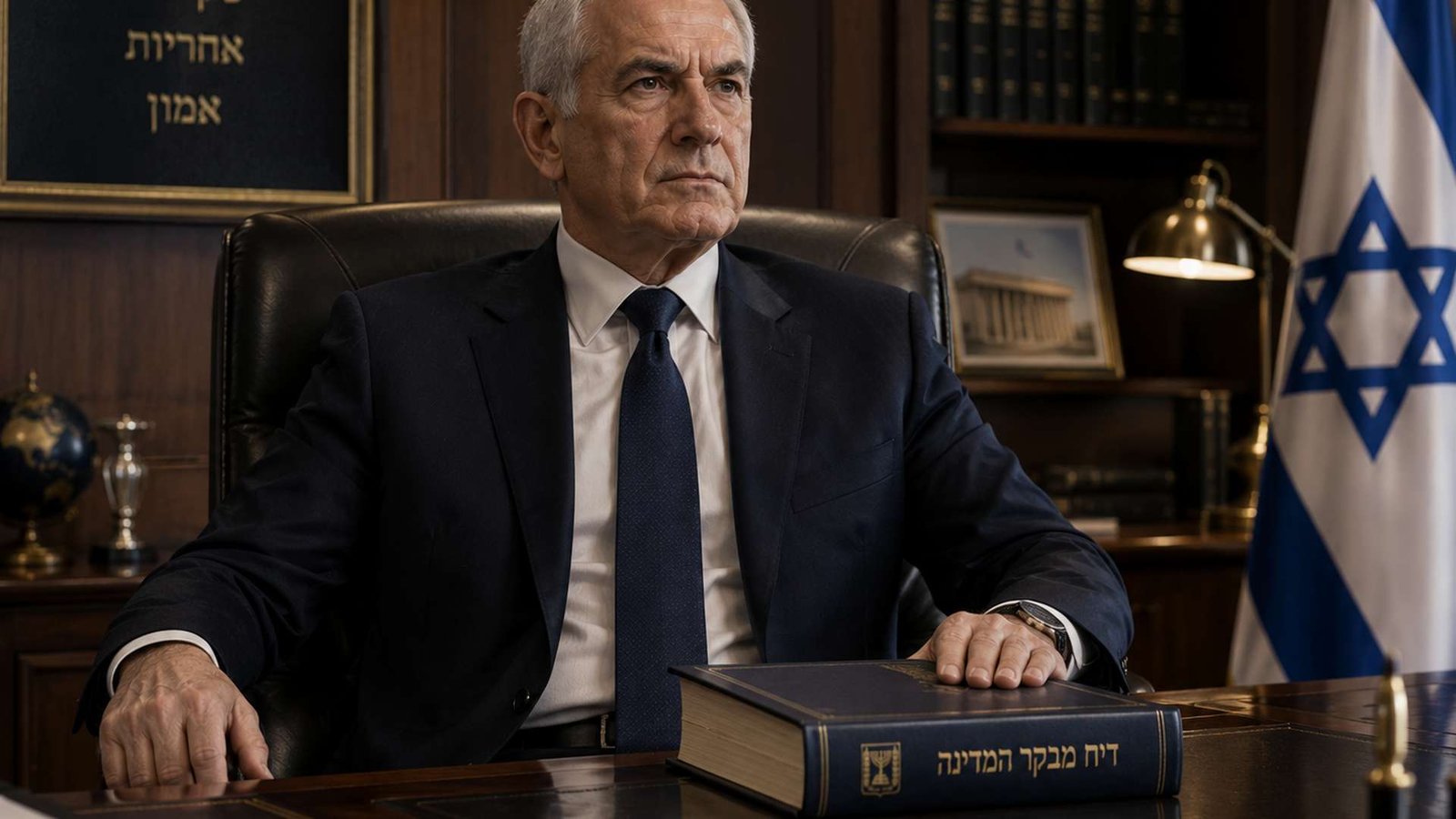גבר חליפה יושב ליד שולחן עם ספר ועליו הכיתוב דו"ח מבקר המדינה, ודגל ישראל ברקע.
