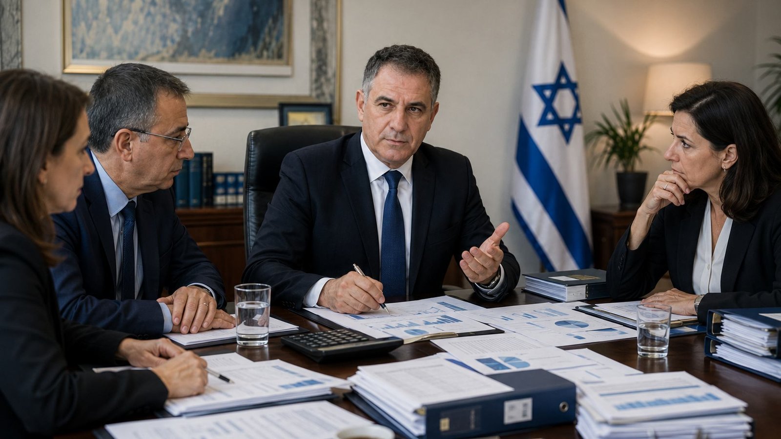 ארבעה אנשים בישיבת עבודה סביב שולחן מלא מסמכים, ברקע דגל ישראל.