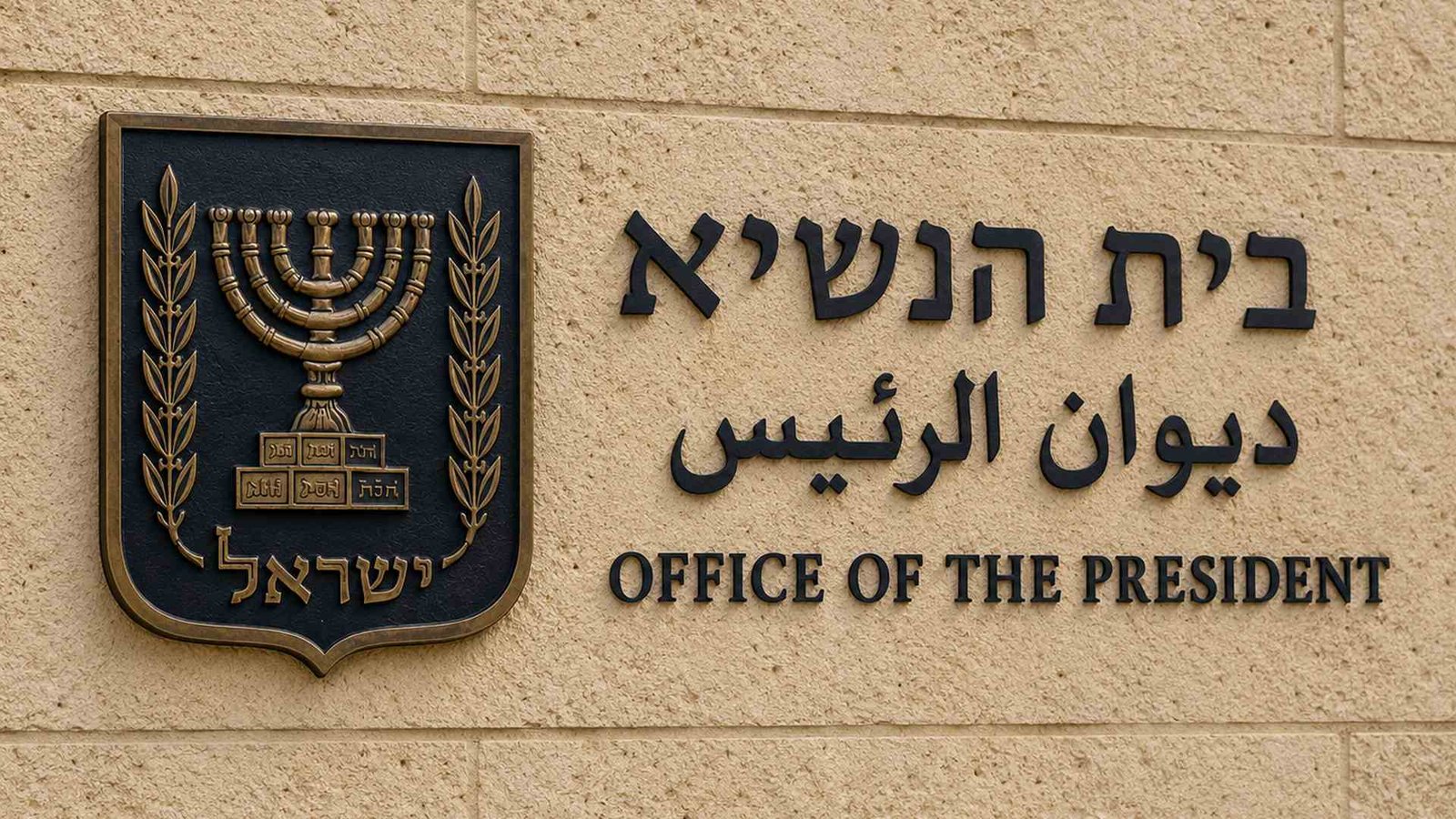 שלט הכניסה לבית הנשיא בירושלים באנגלית, עברית וערבית, לצד סמל מדינת ישראל.