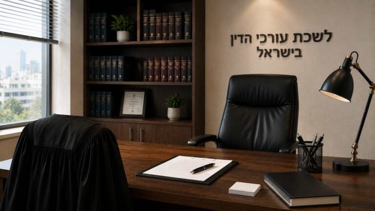 משרד עורכי דין עם שולחן עבודה, כיסא מנהלים, ספריית ספרים ושילוט "לשכת עורכי הדין בישראל".