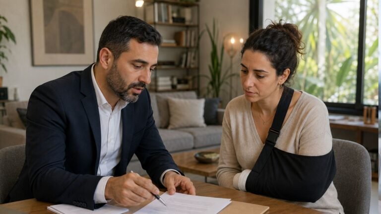 יועץ בחליפה מצביע בעט על חוזה בפני אישה עם יד מקובעת במתלה אורטופדי.