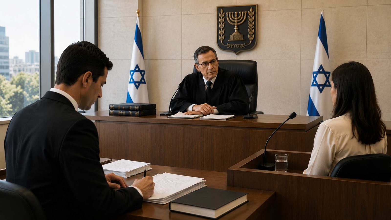 שופט בבית משפט בישראל יושב מאחורי דוכן עם סמלי המדינה ודגלים, לצד עורך דין ועדת.
