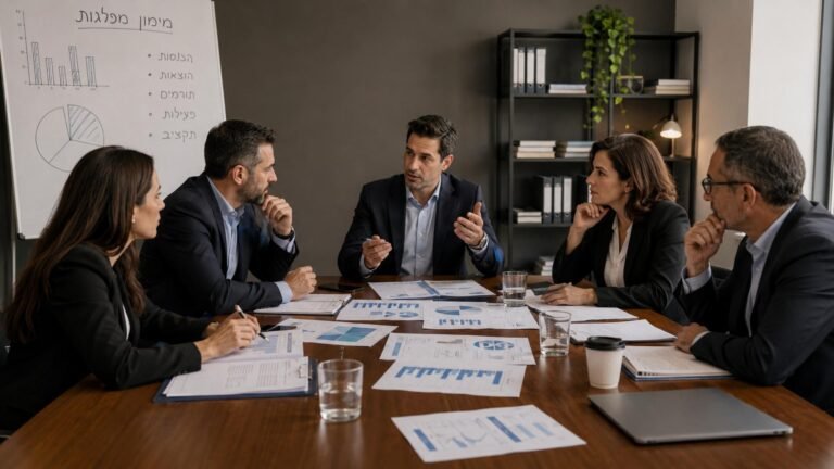 חמישה אנשי עסקים יושבים סביב שולחן ישיבות, משוחחים ובוחנים מסמכים פיננסיים. ברקע לוח שחיק ובו גרפים.