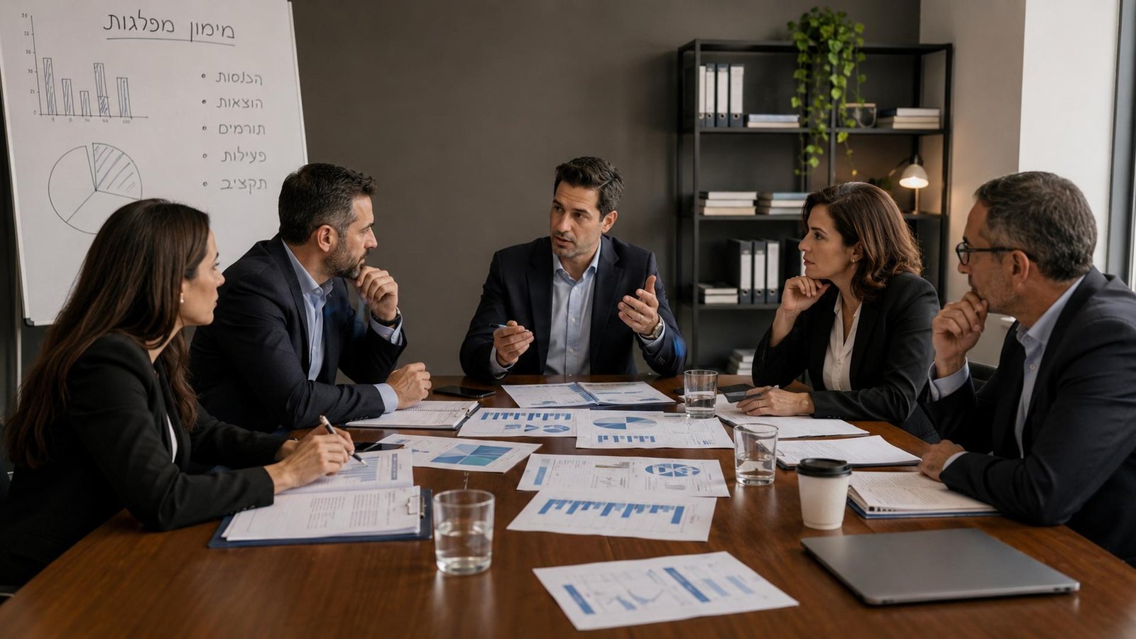 חמישה אנשי עסקים יושבים סביב שולחן ישיבות, משוחחים ובוחנים מסמכים פיננסיים. ברקע לוח שחיק ובו גרפים.