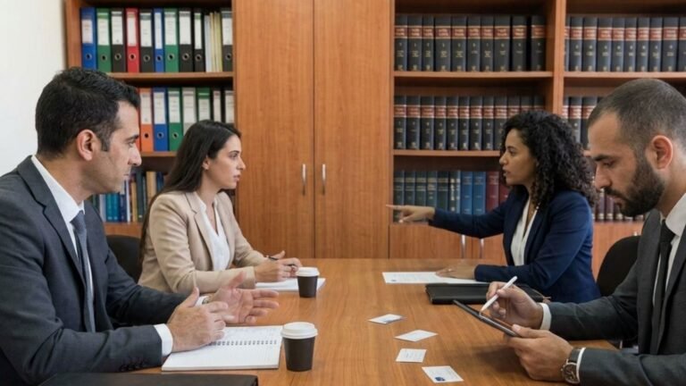 ארבעה אנשים יושבים סביב שולחן ישיבות במשרד עם ספריות עמוסות ספרים ברקע, ומקיימים דיון עבודה.