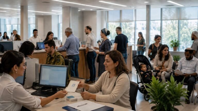 אזרחים ממתינים ומקבלים שירות בדלפקי קבלה במשרד ממשלתי או ציבורי מואר.