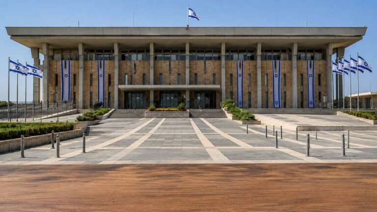 מבנה הכנסת בירושלים בחזיתו עמודים גבוהים, דגלי ישראל ורחבה מרוצפת לפניו.